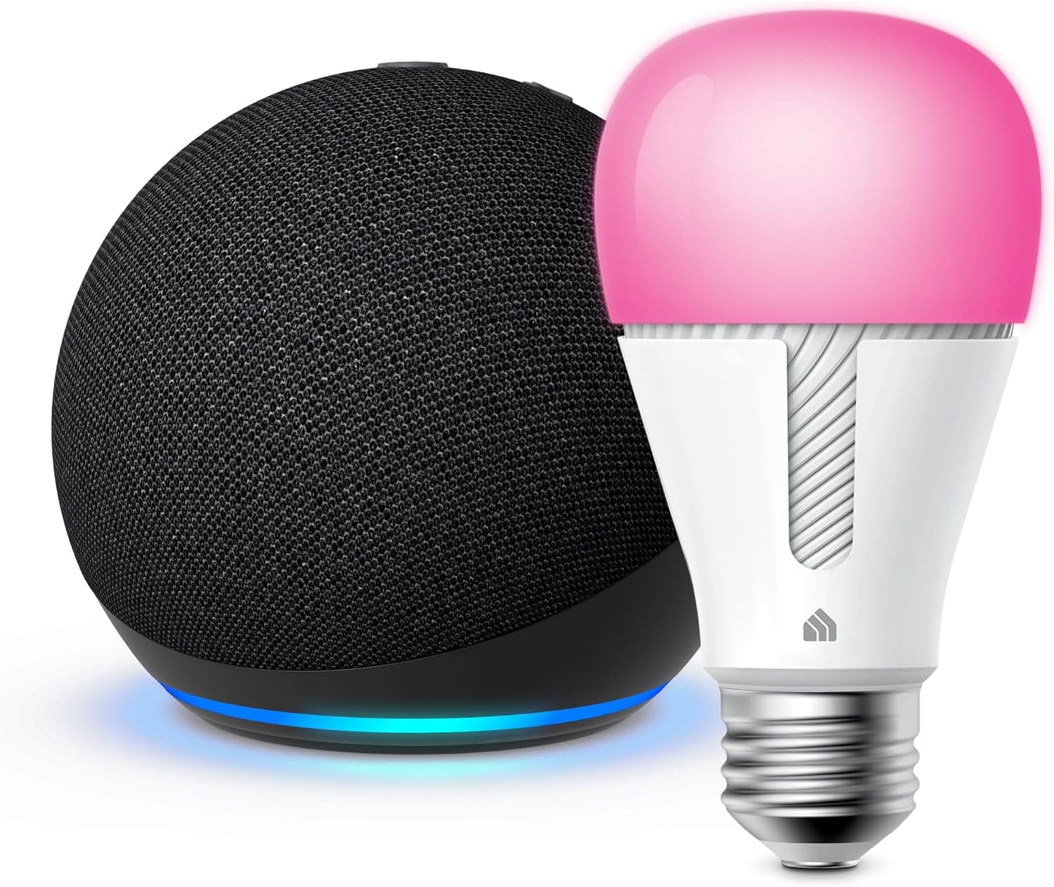 Amazon Echo Dot (5th Gen) smart speaker next to a smart bulb