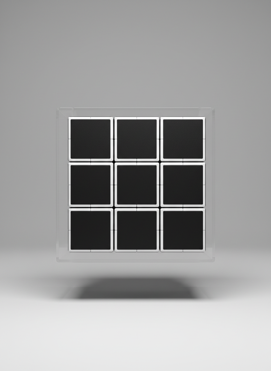 A group of sleek, monochromatic puzzle cubes made from soft-touch silicone and polished ABS plastic, positioned on a floating white acrylic platform with neatly aligned shadows below each puzzle. The setting features an uncluttered, matte grey wall as a background, enhancing focus on form and texture. Gentle studio lighting from above produces consistent, diffused highlights and minimal reflections, conveying an organized, trustworthy, and serene atmosphere. The centered, top-down composition provides clear structure, making it ideal for a modern toy blog with a corporate aesthetic.