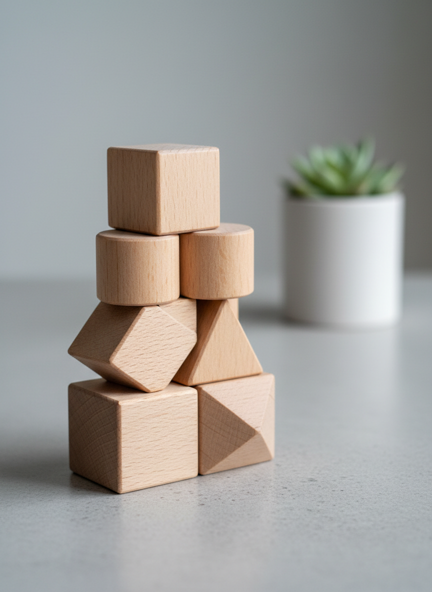 A close-up, sharply focused image of a modern, geometric stacking toy crafted from sustainably sourced pale beechwood, its smooth, tactile surfaces highlighted by cool, indirect daylight. The toy sits atop a light grey, concrete-textured tabletop, with only a simple, matte ceramic planter in the blurred background hinting at a contemporary home setting. The shallow depth of field draws attention to the toy’s precise craftsmanship and the subtle wood grain, while the clean, balanced composition supports a clear, professional mood in line with expert product review content.